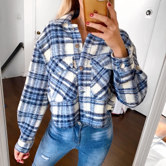 ZARA BLUE WHITE PLAID CROPPED WOOL BLEND JACKET!